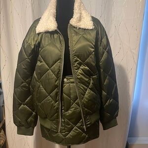 Olive Green Quilted Women's Jacket with Shearling Collar and Skirt